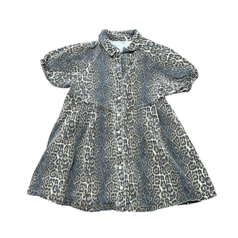 ENTRO Mini Denim Dress Size M 100% Cotton Faded Leopard Print Baby Doll